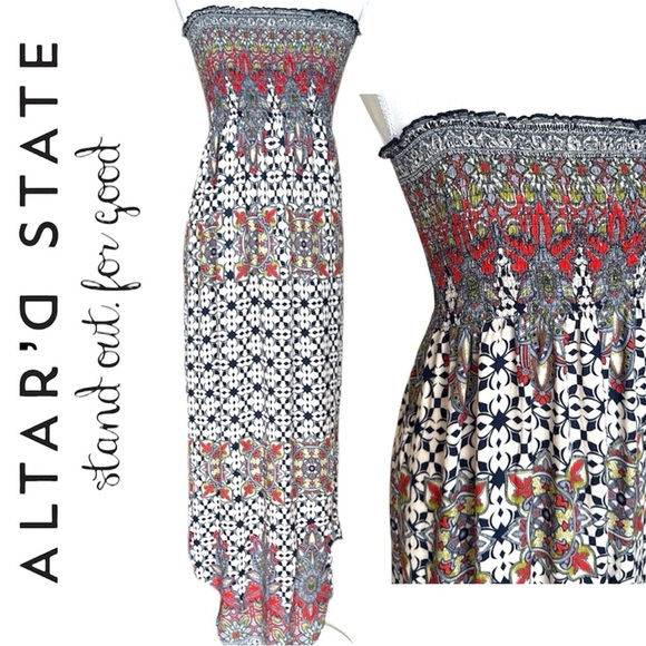 Altar’d State Boho Strapless Maxi Dress Multi Hue Paisley Print Smocked Tube Top - Picture 9 of 10